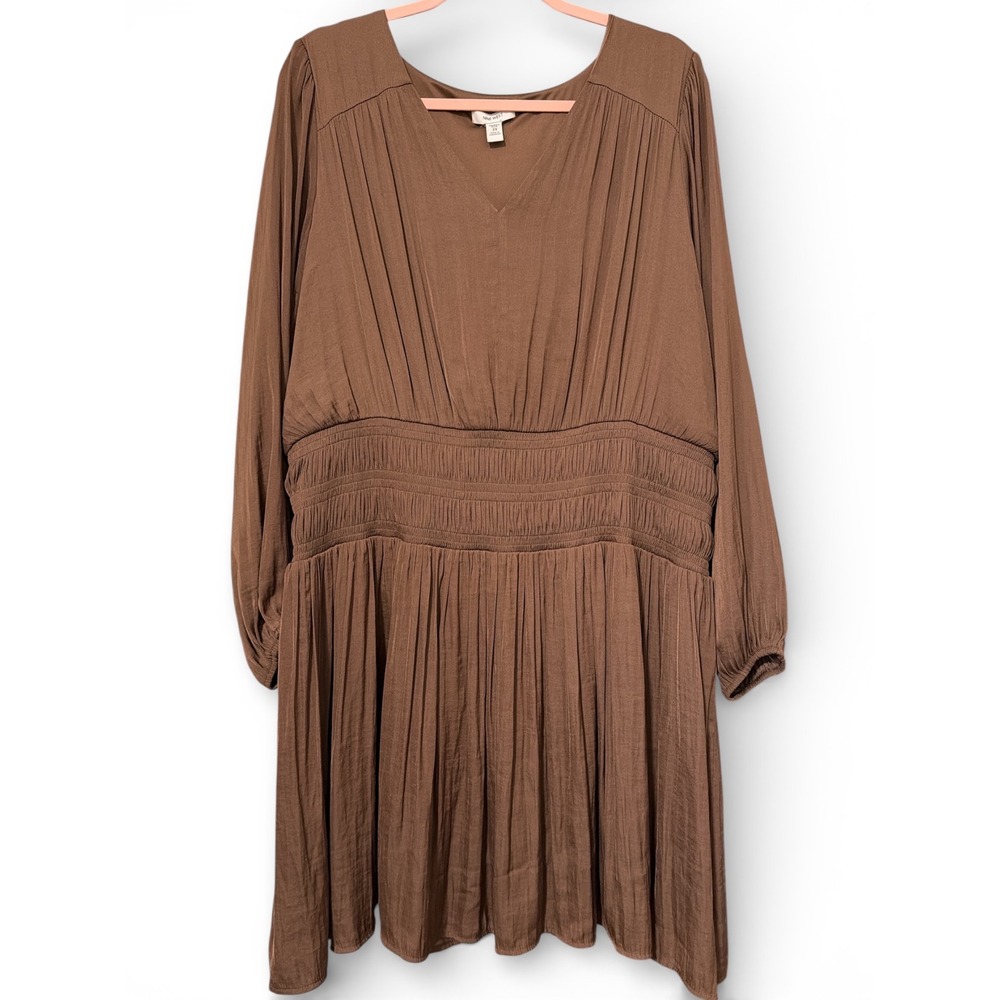 Nine West Womens Plus 2X Brown Smocked Waist V-Neck Long Sleeve Mini Dress - Picture 4 of 6